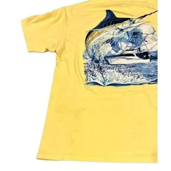 Vintage Guy Harvey Marlin Boat blue-Print Yellow Tee - Picture 6 of 8